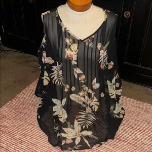 Style & Co. Black Floral Cold-Shoulder Sheer Blouse